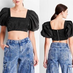 FUTURE COLLECTIVE Kahlana Barfield Brown Puff Sleeve Crop Top Organza! Like NEW!